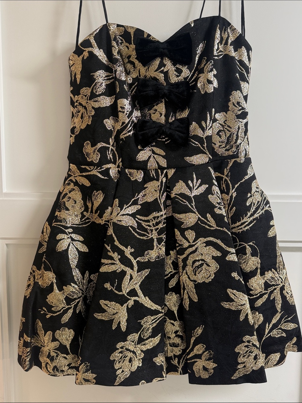 Alice + Olivia Black Strapless Mini Dress with Gold Floral Jacquard